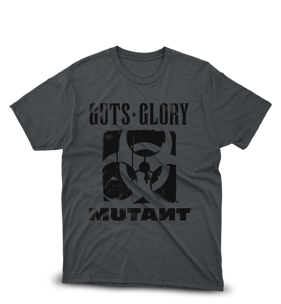 The front view of the grey 'MUTANT's Truck Month' t-shirt featuring the 'Guts, Glory, Mutant' slogan and the MUTANT logo, both printed in black, set against a white background.