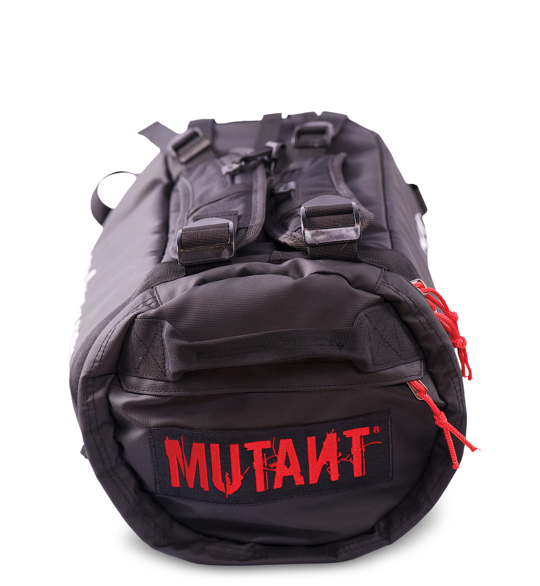 The top view of the black Military Top Load Duffel Backpack highlighting the 'MUTANT' logo in red, set against a white background.