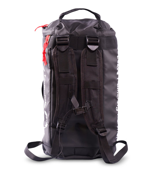 The back view of the black Military Top Load Duffel Backpack, showcasing its straps, against a white background.