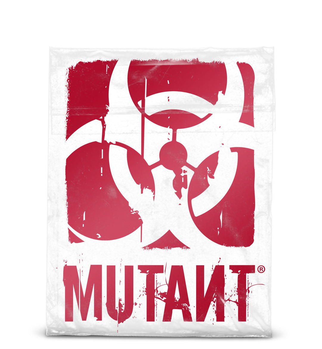 A photo of the Rugged Truck Window Decal, showcasing the MUTANT logo in red, displayed on a transparent plastic bag against a white background.