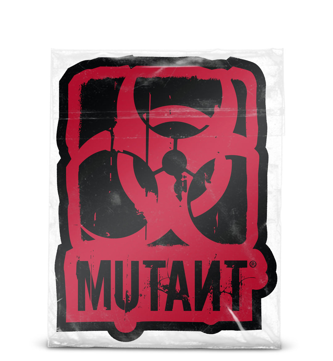 A photo of the Rugged Truck Window Decal featuring the MUTANT logo in red against a shaped black background, presented on a transparent plastic back with a white background.