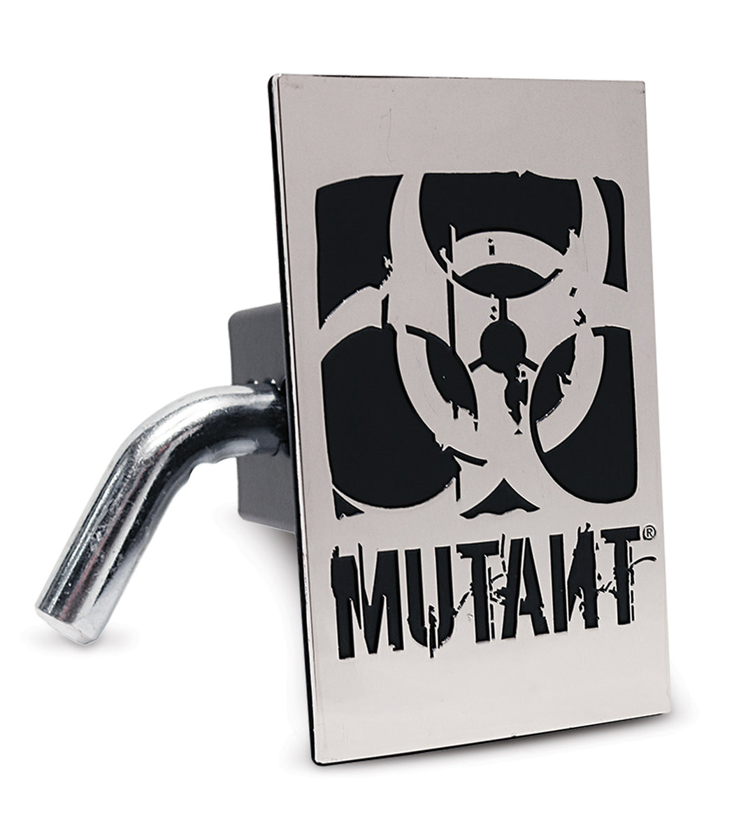 A photo showcasing the Rugged Trailer Hitch Cover & Locking Pin, crafted from durable solid steel with a black MUTANT logo, set against a white background.