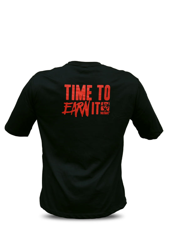 Back view of Black 'Dusty Says' Mutant Oversized Gym T-shirt featuring the phrase 'Time to earn it' and the Mutant logo in red. White background.