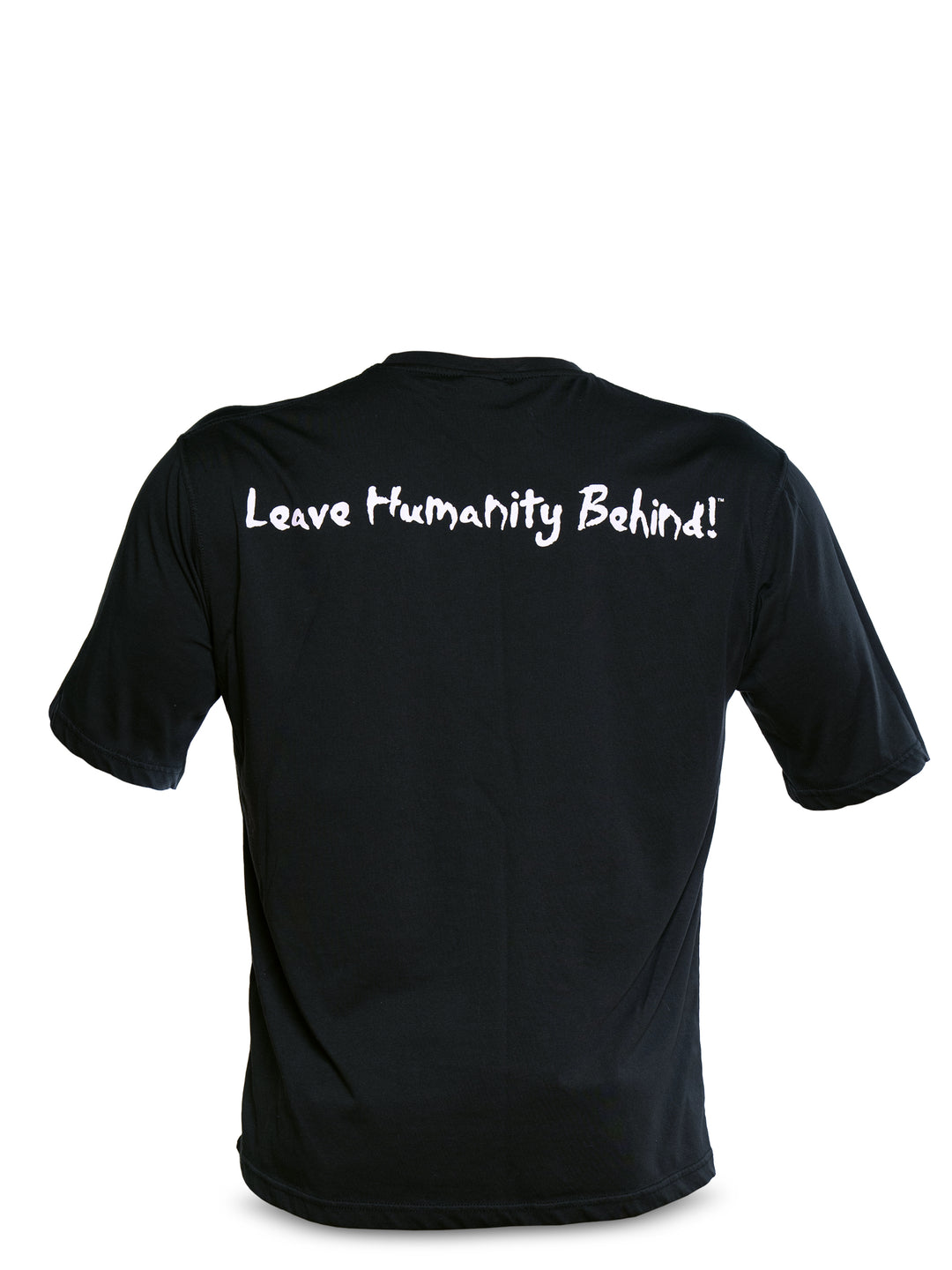 Back view of Black Free Standing Oversized Gym T-Shirt featuring Mutant's tagline 'Leave Humanity Behind' in white. White background.