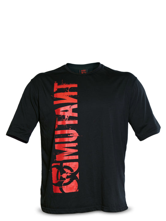 Front view of Black Free Standing Oversized Gym T-Shirt featuring a vertical Mutant red logo.  White background.