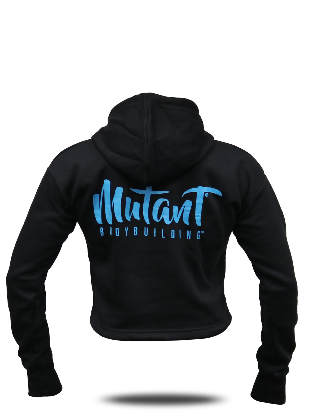 Black Mutant Thick Script Women's Gym Crop Hoodie with blue 'Mutant Bodybuilding' text on the back. White background.