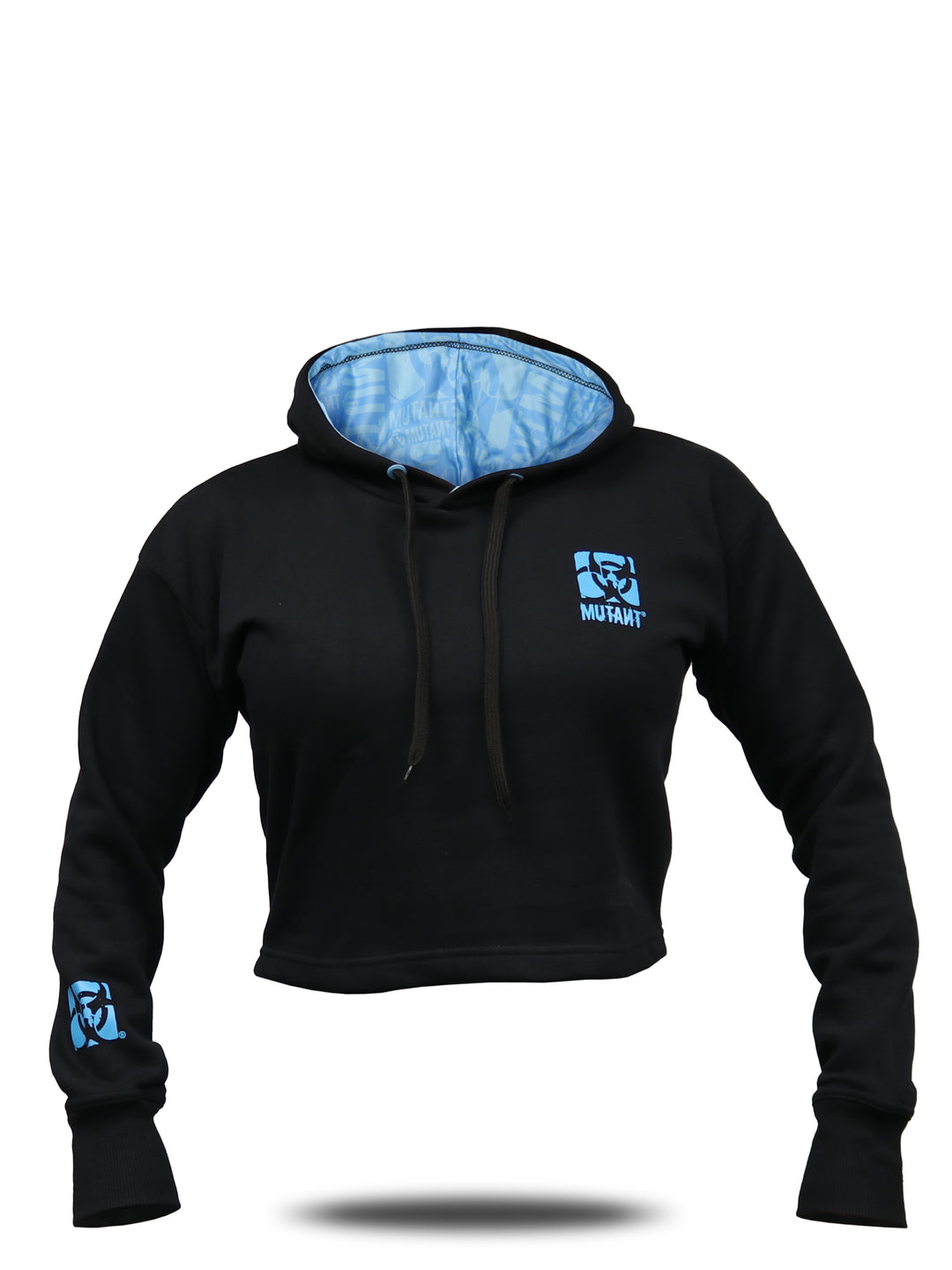 Black Mutant Thick Script Women's Gym Crop Hoodie with blue logo on chest and wrist, featuring blue internal hood lining with watermarked Mutant logo. White background.