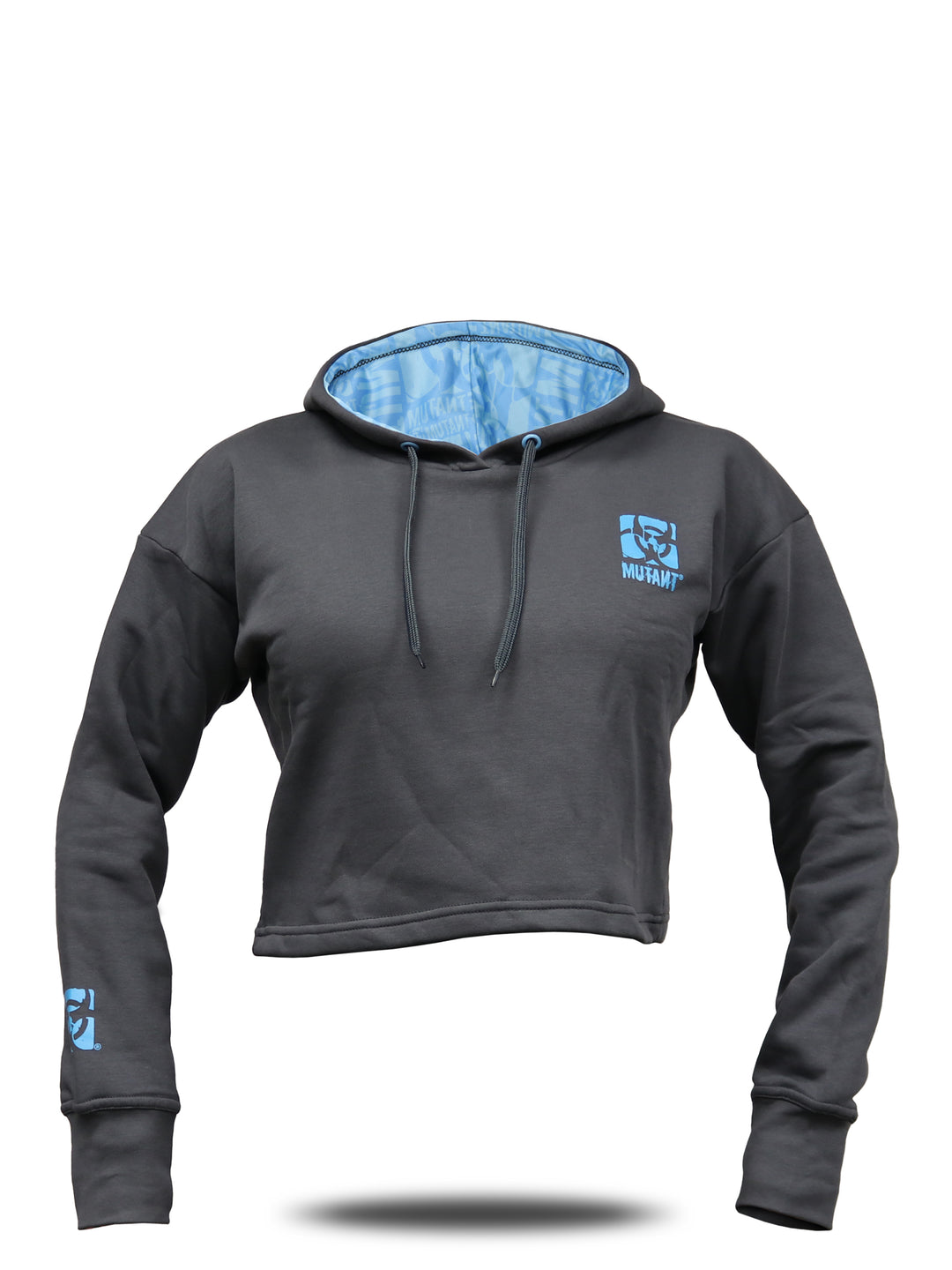 Livid Grey Mutant Thick Script Women's Gym Crop Hoodie with a blue Mutant logo on chest and wrist, featuring blue internal hood lining with watermarked Mutant logo. White background.